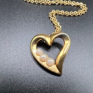 Vintage Avon Gold Tone Dangling Heart Necklace with Faux Pearls